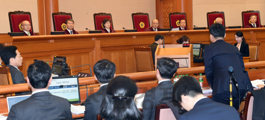 박근혜 대통령 탄핵심판 사건의 첫 변론기일인 3일 오후 박한철 헌재소장이 참석 변호인단을 확인하고 있다./이호재기자.