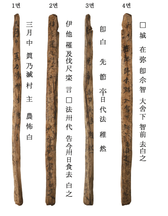 함안 성산산성에서 발견된 사면목간과 그 내용 /사진제공=문화재청