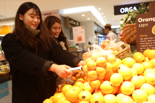 지난 5일 롯데백화점 분당점에서 고객이 바코드 스캐너만으로 쇼핑할 수 있는 ‘스마트 쇼퍼’를 이용해 오렌지를 온라인 장바구니에 담고 있다./사진제공=롯데백화점