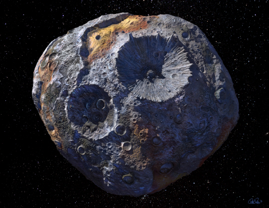 철과 니켈로 이뤄진 소행셩 ‘프시케’의 상상도. 한 때 화성 크기 였지만 수십억년 동안 운석과 충돌하며 바깥쪽의 바위가 떨어져 나가면서 금속성의 핵 부분만 남게 된 것이다.  /사진=뉴욕타임스