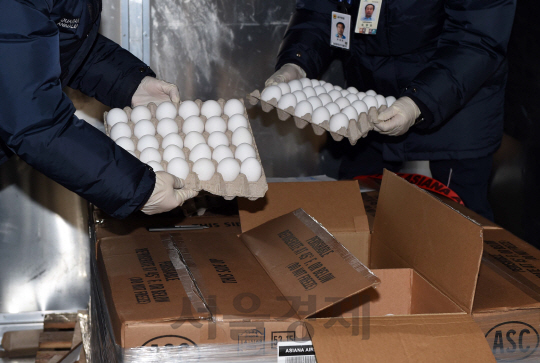 국내 업체 1곳이 샘플용으로 들여오는 미국산 계란 150kg(2천160개)이 12일 낮 아시아나 항공편을 통해 인천국제공항에 도착, 농림축산검역본부 직원들이 검역하고 있다./영종도=이호재기자.