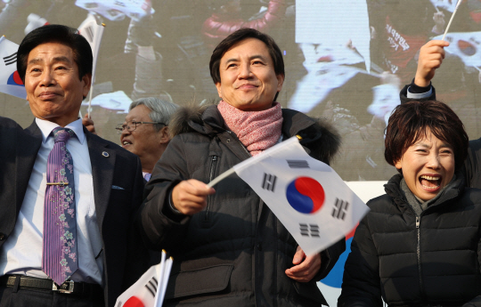 보수단체 집회에 참석해 태극기를 흔들고 있는 새누리당 김진태 의원 /연합뉴스