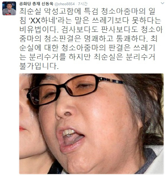 최순실 청소아줌마 “염병하네” 일침에 신동욱 “검사·판사보다 명쾌·통쾌”