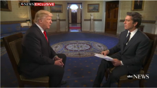 도널드 트럼프(왼쪽) 미국 대통령이 25일(현지시간) 보도된 ABC방송과의 인터뷰에서 기자의 질문에 답하고 있다.  /ABC방송 캡처