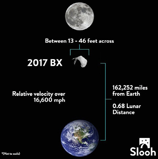 지름 4~14미터 찌리 소행성이 지구와 달까지의 68% 거리를 시속 2만 6,700㎞의 속도로 통과했다. /사진=데일리메일