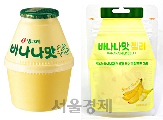 빙그레 바나나맛 우유(왼쪽)와 경쟁사 바나나맛 젤리 비교. /사진제공=빙그레