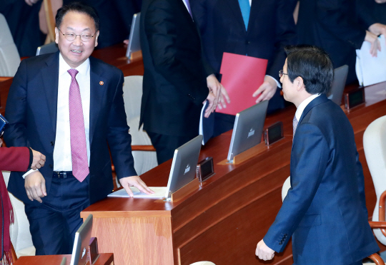 황교안 대통령 권한대행이 6일 국회 본회의장에서 국민의당 교섭단체 대표 연설을 청취한 뒤 유일호 부총리 겸 기획재정부 장관과 인사하고 있다. /연합뉴스