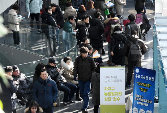 6일 서울시청 신청사에서 열린 ‘2017 뉴딜일자리 박람회’가 구직자들로 붐비고 있다. 뉴딜일자리는 청년 등에게 직업 경험과 전문기술·직무능력을 갖추도록 공공 일자리를 제공하고 민간일자리 취업을 돕는 서울시 공공일자리 사업이다. 박람회 기간 중 시가 올해 5천500여명 선발 예정인 뉴딜일자리 중 217개 사업, 3천889개 일자리 채용정보를 안내하고 현장에서 지원 신청서를 받는다./권욱기자