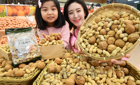 7일 오전 중구 봉래동 롯데마트 서울역점에서 모델들이 '정월대보름 기획전'을 소개하고 있다. 롯데마트는 한 해의 액운을 쫓고 행복과 건강을 기원하고자 부럼깨기용 부럼호두(미국산/100g)를 1,600원에, '부럼땅콩'(국산/100g)을 2,000원에 판매하며 호두/땅콩/피잣으로 구성한 소포장용 부럼세트(원산지상이/335g)도 1봉 8,500원에 판매한다./송은석기자songthomas@sedaily.com