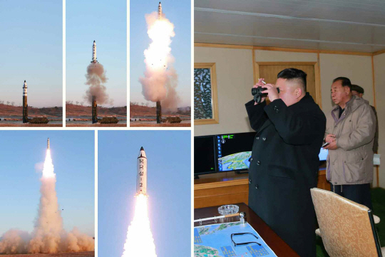 북한이 13일 노동당 기관지 노동신문을 통해 공개한 중장거리 탄도미사일 ‘북극성 2형’의 발사 장면 사진.