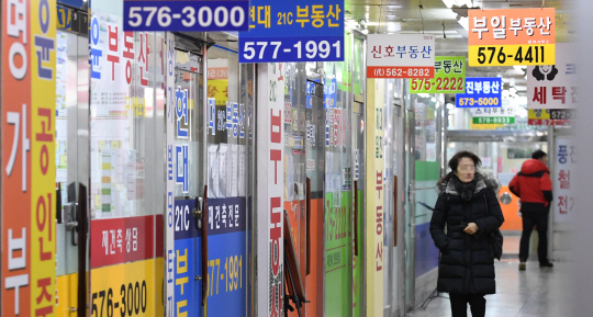 강남의 한 부동산 상가가 전체적으로 썰렁한 가운데 한 부동산 수요자가 부동산들을 둘러보고 있다.  /송은석기자