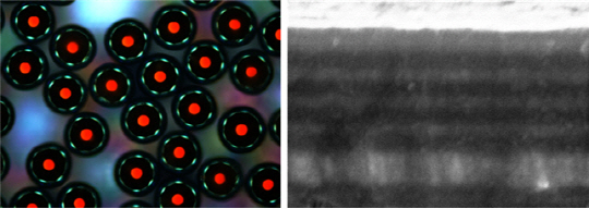 무지개  입자의 광학 현미경 사진 (왼쪽), 입자 표면에 형성된 주기적 적층 구조의 주사전자현미경 사진 (오른쪽)