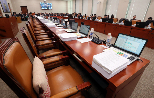 지난 15일 오후 국회에서 열린 산업통상자원위원회 전체회의에 상임위 보이콧을 선언한 자유한국당 의원들의 자리가 비어 있다. /연합뉴스
