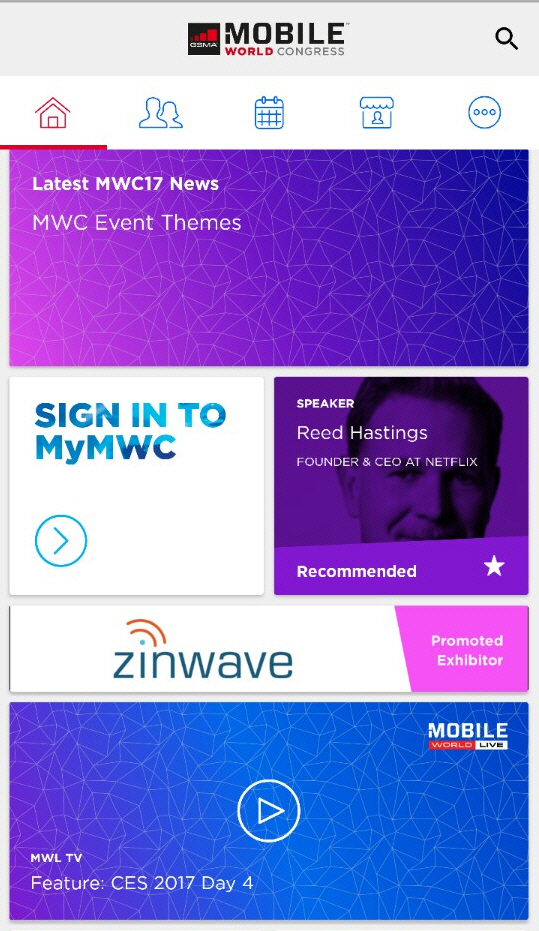 오는 27일(현지시간) 스페인 바르셀로나에서 개막하는 모바일월드콩그레스(MWC) 2017 주요 기조연설 및 행사는 행사 홈페이지 및 스마트폰 앱을 통해 실시간으로 볼 수 있다./사진=MWC 앱 캡쳐