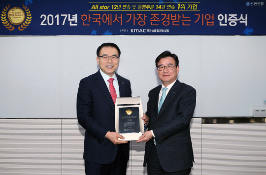 지난 22일 서울 중구 신한은행 본점에서 열린 ‘2017년 한국에서 가장 존경받는 기업 인증식’에서 조용병(왼쪽) 신한은행장이 유인상 한국능률협회컨설팅 부사장으로부터 은행산업부문 1위 상패를 받고 있다. /사진제공=신한은행