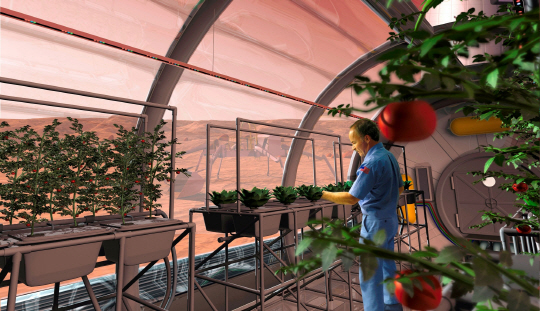 화성에  온실을 만들어 채소를 재배하고 있는 상상도.