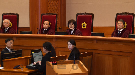 27일 서울 종로구 재동 헌법재판소에서 열린 박근혜 대통령 탄핵심판 최종 변론에서 이정미 헌법재판소장 권한대행이 발언하고 있다./권욱기자