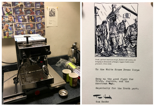 톰 행크스가 백악관 기자단에 보낸 커피기계(왼쪽)와 격려 글. /로이터연합뉴스