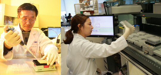삼성서울병원 직원(왼쪽 사진)과 서울아산병원 직원이 차세대염기서열분석(NGS) 유전자 검사를 하고 있다. /사진제공=삼성서울병원·서울아산병원