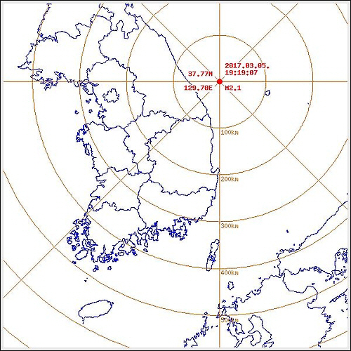 지난 5일 오후7시19분께 동해시 동북동쪽 58㎞에서 관측된 지진. /자료제공=기상청