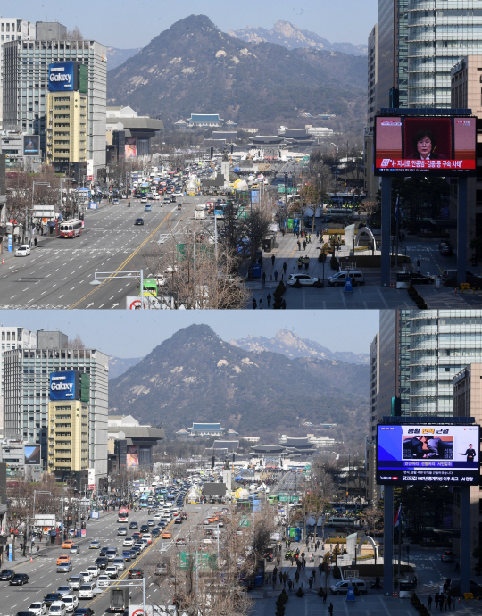 10일 오전 서울 광화문의 대형 전광판에 헌법재판소의 박근혜 대통령 탄핵 심판 인용 결정이 생중계되는 가운데 광화문일대 도로가 텅 비어 있다.(윗쪽) 반면 방송이 끝나자마자 도로는 바로 정체됐다./권욱기자ukkwon@sedaily.com