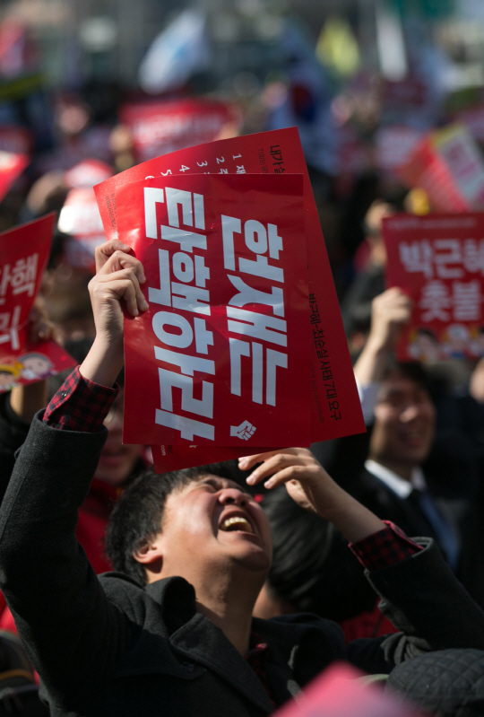 [朴대통령 탄핵]'옷 벗고 항의' '덩실덩실 춤'…박근혜 탄핵, 쪼개진 국민들