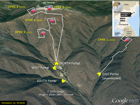 미국의 북한 전문매체 38노스가 북한이 대규모의 핵실험을 준비하고 있다는 증거로 제시한 위성 사진/38노스 홈페이지