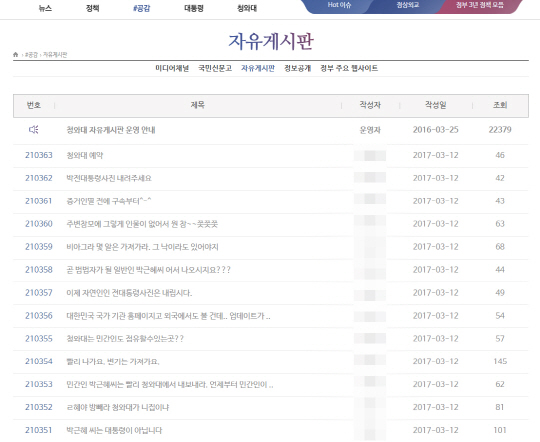 청와대 자유게시판 모습/사진=청와대 홈페이지 캡처