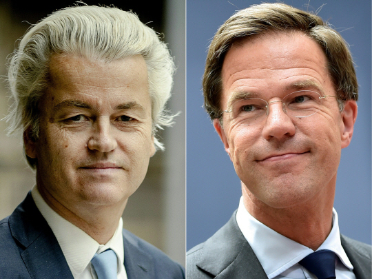헤이르트 빌더러스(왼쪽) 자유당 대표, 마르크 뤼테(오른쪽) 네덜란드 총리 /헤이그=AFP연합뉴스