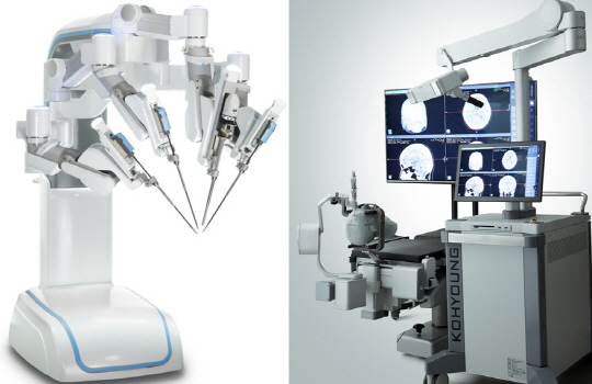 미래컴퍼니의 복강경 수술로봇 ‘레보아이’(왼쪽), 고영테크놀러지의 뇌수술 부위 3D 안내 의료기기 ‘제노 가이드’.