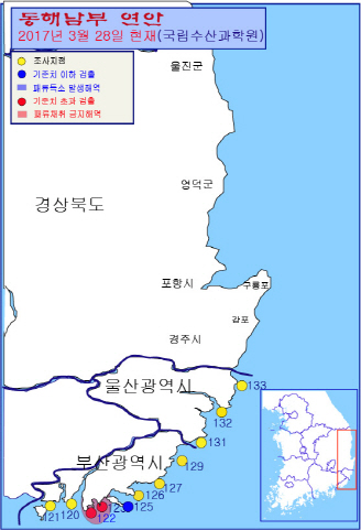 부산 다대포와 감천항 등 일부 연안에서 올해 처음으로 마비성패류독소가 검출됐다. 마비성패류독소 발생해역도(28일 기준)./사진제공=국립수산과학원