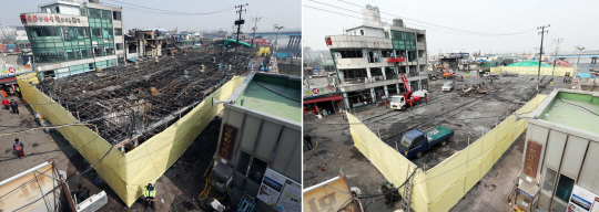 인천 소래포구 어시장이 지난 18일 화재로 전소(왼쪽)된 이후 24일 철거가 끝난 모습. /연합뉴스