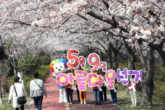 ‘5월 9일 대선’ 벚꽃길 캠페인      (부산=연합뉴스) 조정호 기자 = 30일 오후 부산 사상구 삼락생태공원 벚꽃길에서 사상구선거관리위원회 직원들이 5월 9일 제19대 대통령선거를 40여 일 앞두고 아름다운 선거 캠페인을 벌이고 있다. 2017.3.30      ccho@yna.co.kr(끝)      <저작권자(c) 연합뉴스, 무단 전재-재배포 금지>