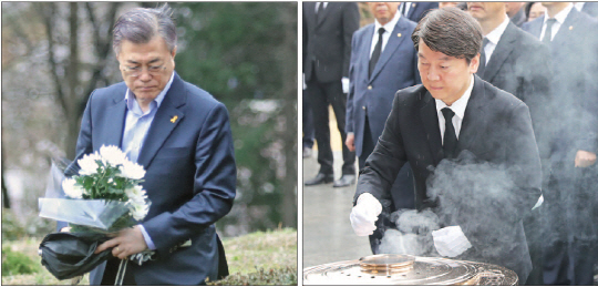 문재인 더불어민주당 대선후보가 5일 오후 경남 양산시의 부친 묘소를 찾아 참배하고 있다(왼쪽 사진). 안철수 국민의당 대선후보가 이날 오전 국립서울현충원 내 김대중 전 대통령 묘역에 참배하고 있다. 이날 YTN과 서울신문이 엠브레인에 의뢰해 발표한 여론조사의 경우 양자대결에서 안 후보(47.0%)가 문 후보(40.8%)를 앞지른 것으로 나타났다./연합뉴스