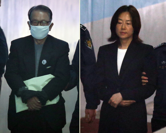 문화·예술계 지원 배제 명단인 블랙리스트 관련 혐의로 재판에 넘겨진 김기춘 전 대통령 비서실장(왼쪽)과 조윤선 전 문화체육관광부 장관이 6일 오전 서울중앙지법에서 열린 첫 공판에 출석하고 있다. /연합뉴스