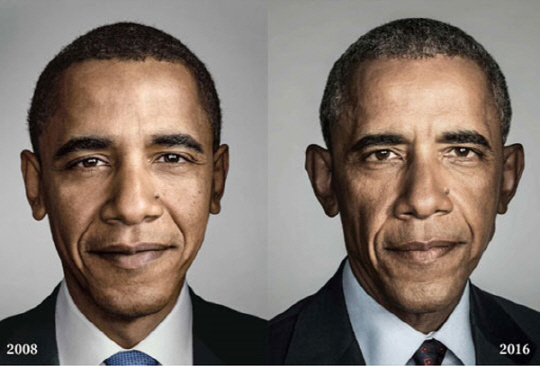 ‘뉴욕매거진’이 보도한 버락 오바마 전 미국 대통령의 취임 전 후 얼굴변화 비교 사진.