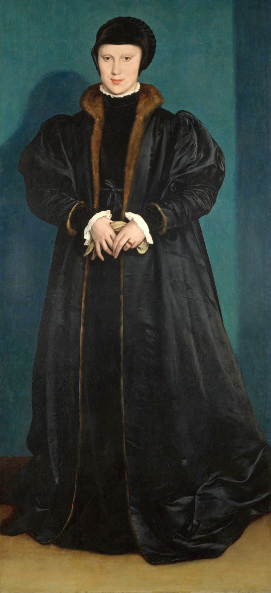 영국 왕 헨리8세의 궁정화가 한스 홀바인이 1538년 그린 덴마크의 공주 크리스티나의 초상화. 남편을 여읜 상복차림의 크리스티나는 단아한 표정으로 왕의 청혼을 이끌어냈지만 거절했다. 179.1×82.6cm 크기의 그림으로 영국 국립 내셔널갤러리에 걸려있다. /사진제공=내셔널갤러리