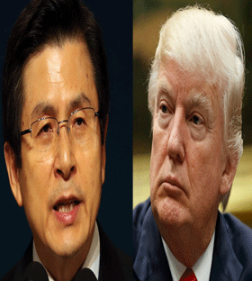 도널드 트럼프(오른쪽) 미국 대통령이 황교안 대통령 권한대행에 8일 오전 전화해 “시진핑 중국 국가주석과의 회담에서 사드 배치 관련 문제에 대한 미국 측 입장도 전달했다”고 밝혔다.