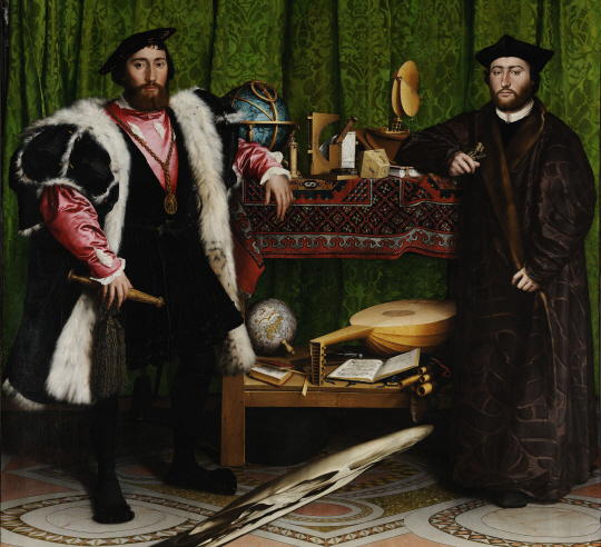 한스 홀바인의 1533년작 ‘대사들’. 프랑스의 영국대사 장 드 댕트빌(왼쪽)과 프랑스인 조르주 드 셀브 주교의 초상화. 207x210cm 크기로 영국 런던 내셔널갤러리가 소장하고 있다. /사진제공=내셔널갤러리