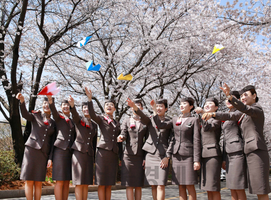아시아나항공 객실 승무원들이 12일 서울 강서구 아시아나항공 본사에 만개한 벚꽃 아래서 종이 비행기를 날리며 봄을 만끽하고 있다./사진제공=아시아나항공