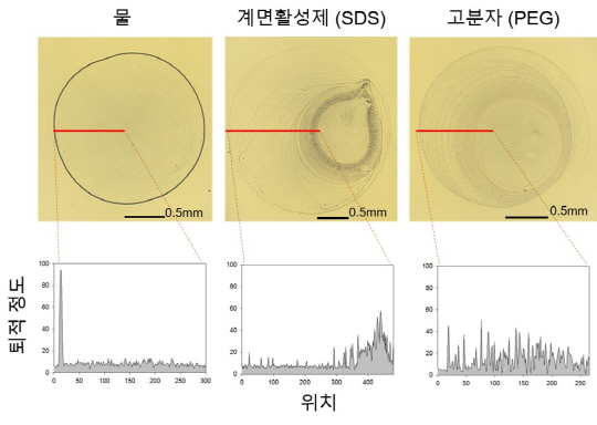 신세현 교수가 개발한 고분자(PEG)를 섞은 코팅액에서는 물에서 나타나는 커피링 현상이 없어졌다. /사진제공=한국연구재단