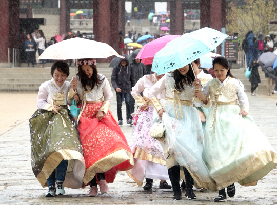 14일 서울시 종로구 경복궁에서 관광객들이 우산을 쓰고 관람을 하고 있다. /연합뉴스