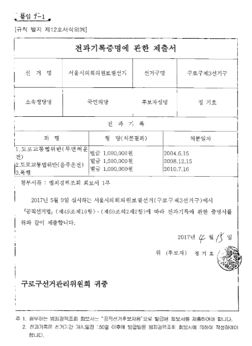 정기호 국민의당 후보의 전과 관련 선관위 제출자료 / 출처=중앙선거관리위원회 홈페이지