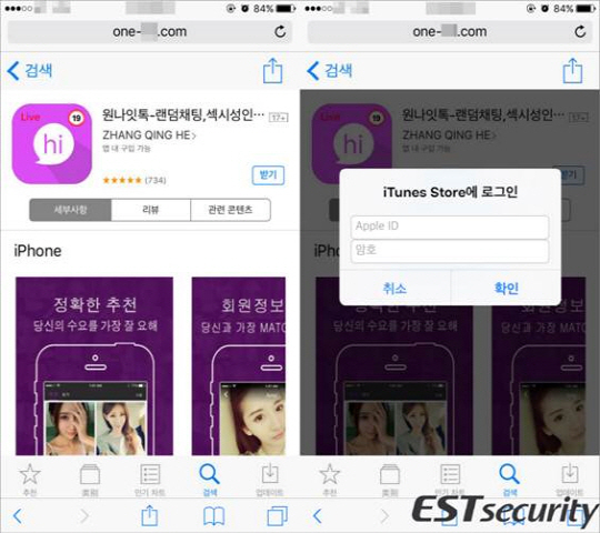 애플 앱스토어로 위장된 피싱 사이트(좌), 아이튠즈 계정 입력 요구 화면(우)/사진제공=이스트시큐리티