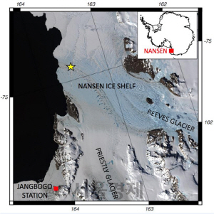 남극에 위치한 장보고 기지 인근의 난센 빙붕의 위치. 연구팀이 이 빙붕을 연구한 결과 빙붕에 물웅덩이가 생성되도 비탈진 형태라면 붕괴가 촉진되지 않는다는 사실을 처음으로 발견했다. /사진제공=해양수산부