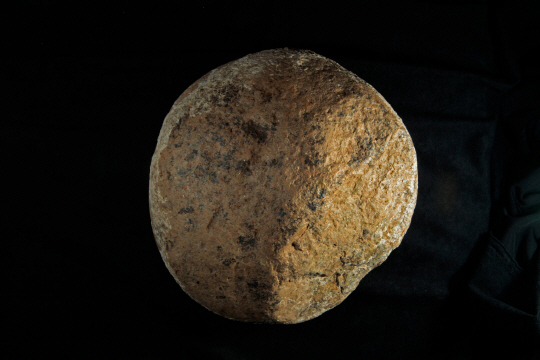 마스토돈 주위에서 발견된 둥근돌. 고대 인류가 마스토돈 뼈를 부러뜨리는 망치로 사용했던 것으로 추정된다. /사진제공=뉴욕타임스