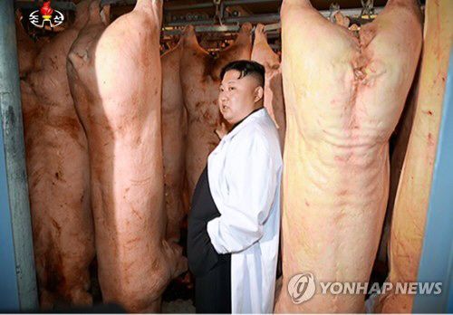 돼지고기 공장 시찰하는 김정은 /연합뉴스