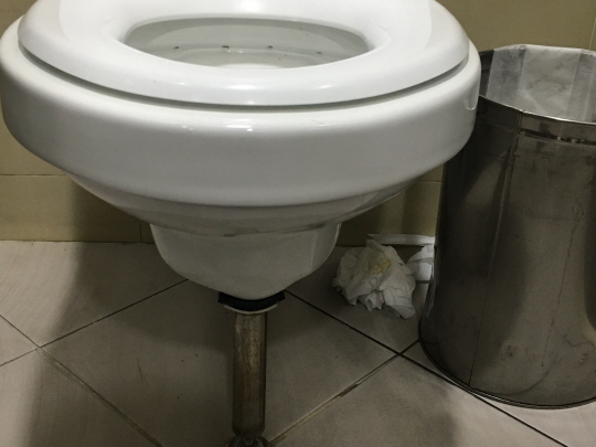 서울시 지하철역 화장실의 양변기 옆에 용변이 묻은 휴지가 버려져 있다./변수연기자