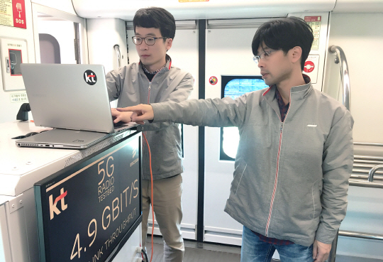 3일 KT 직원들이 공항철도 객차에서 5G 필드 테스트를 진행해 4Gbps의 무선 전송속도를 구현하고 있다. /사진제공=KT