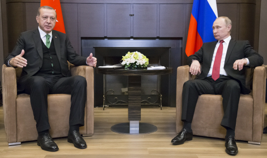 레제프 타이이프 에르도안(왼쪽) 터키 대통령과 블라디미르 푸틴 러시아 대통령이 3일(현지시간) 러시아 남부 휴양도시 소치에 있는 대통령 관저에서 정상회담을 하고 있다. /소치=EPA연합뉴스